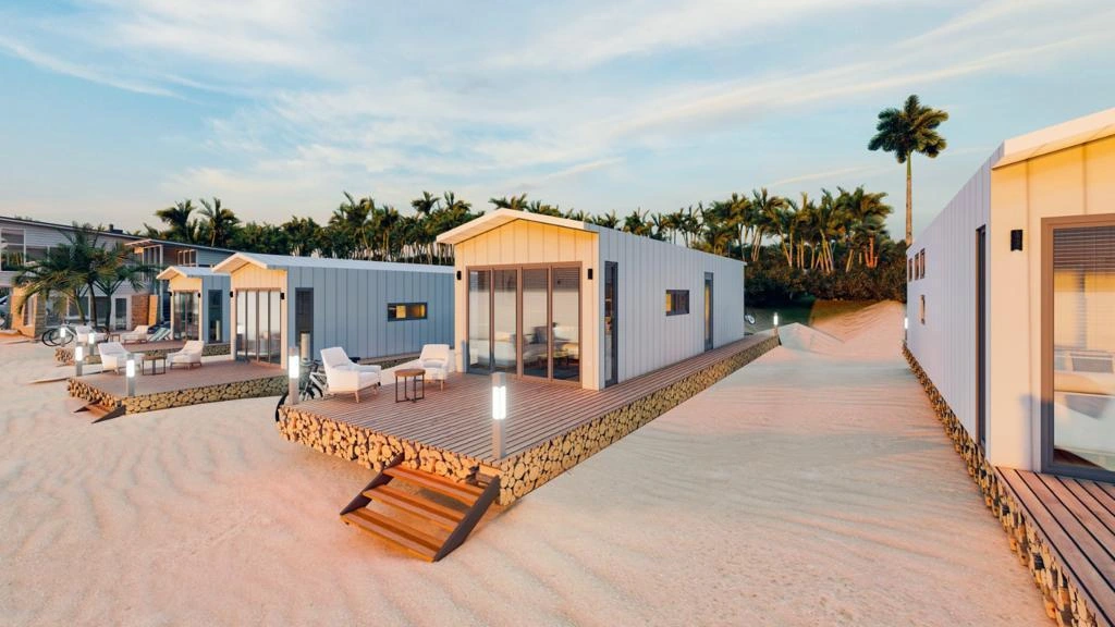 Witte chalets met veranda’s in een zonnige kustomgeving — visualisatie